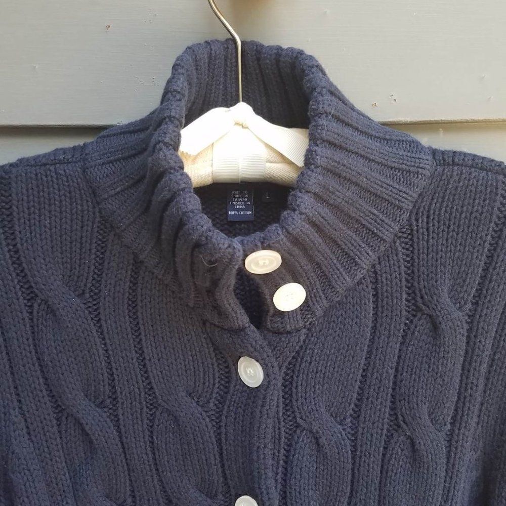 Chaps Navy Chunky Cable Knit Cardigan Sweater with White Buttons Size Large - Picture 3 of 9